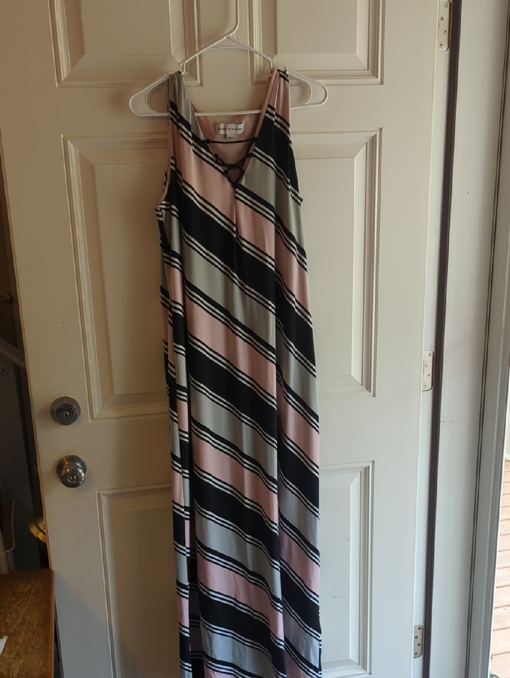 Emma & Michele Diagonal Stripe V-Neck Maxi Dress in Pink, Gray and Black